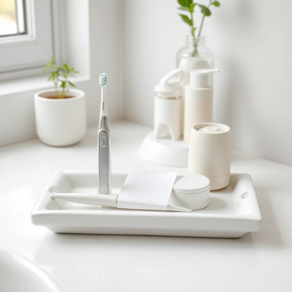 Ensemble de soins dentaires sur un plateau : brosse, dentifrice et fil dentaire, dans une salle de bain lumineuse