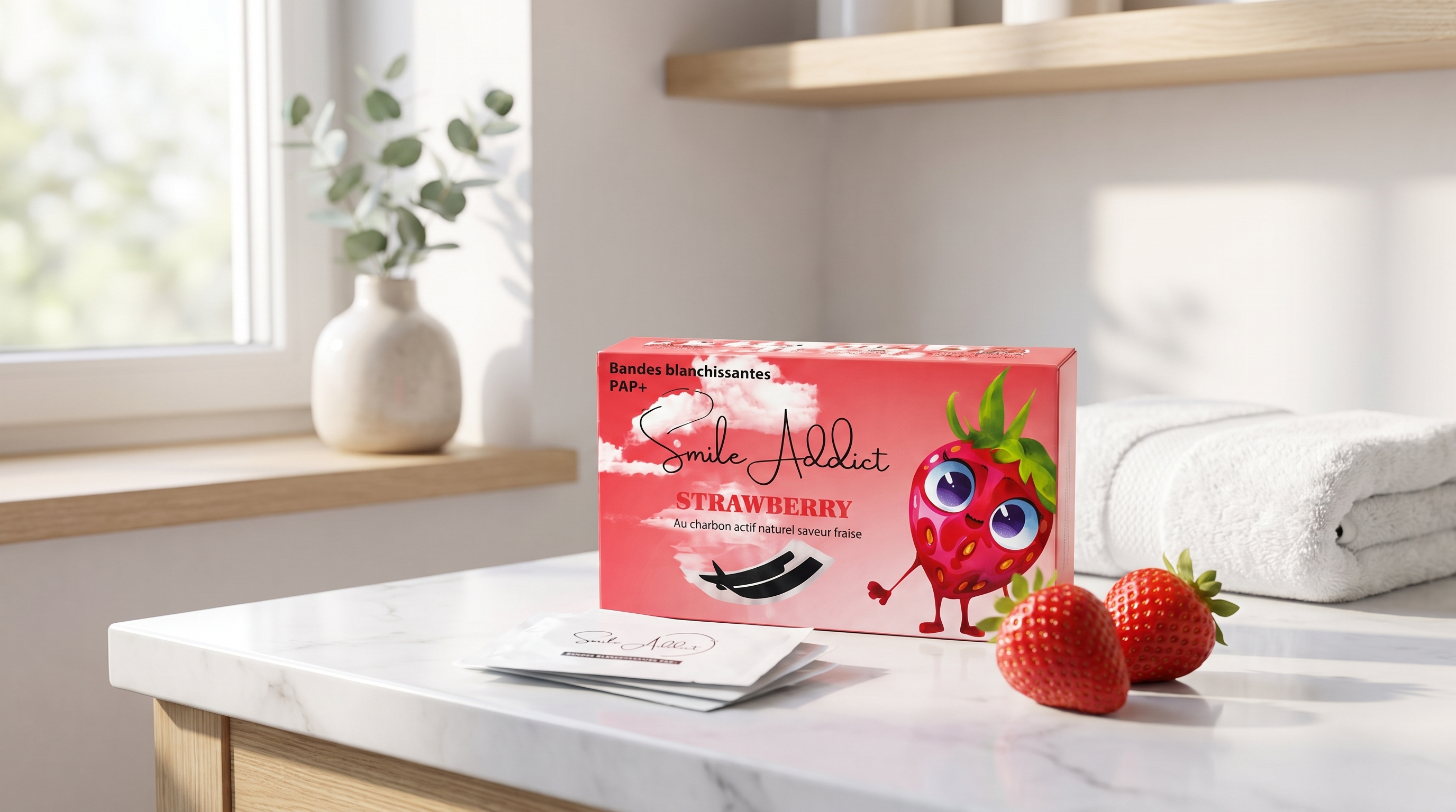 Bandes blanchissantes PAP+ Smile Addict saveur fraise posées sur un plan de travail en marbre dans une salle de bain lumineuse