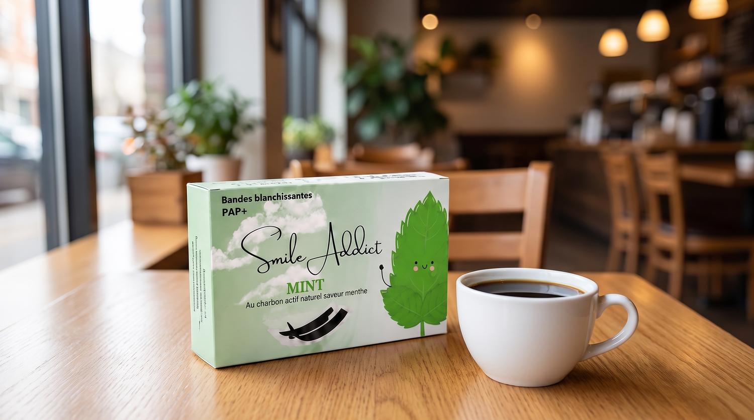 Bandes blanchissantes PAP+ Smile Addict saveur menthe sur une table de café à côté d'une tasse de café noir