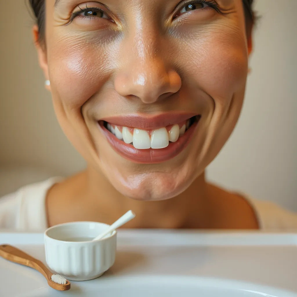 Sourire avec dents propres et visiblement plus blanches, avec brosse à dents et eau au premier plan