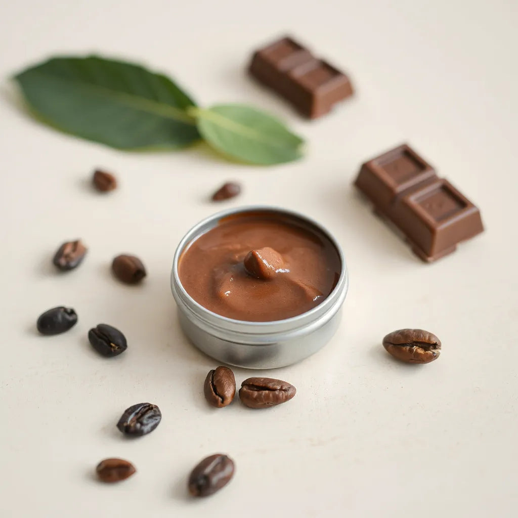 Baume à lèvres au parfum chocolat, avec morceaux de chocolat et fèves de cacao sur fond clair