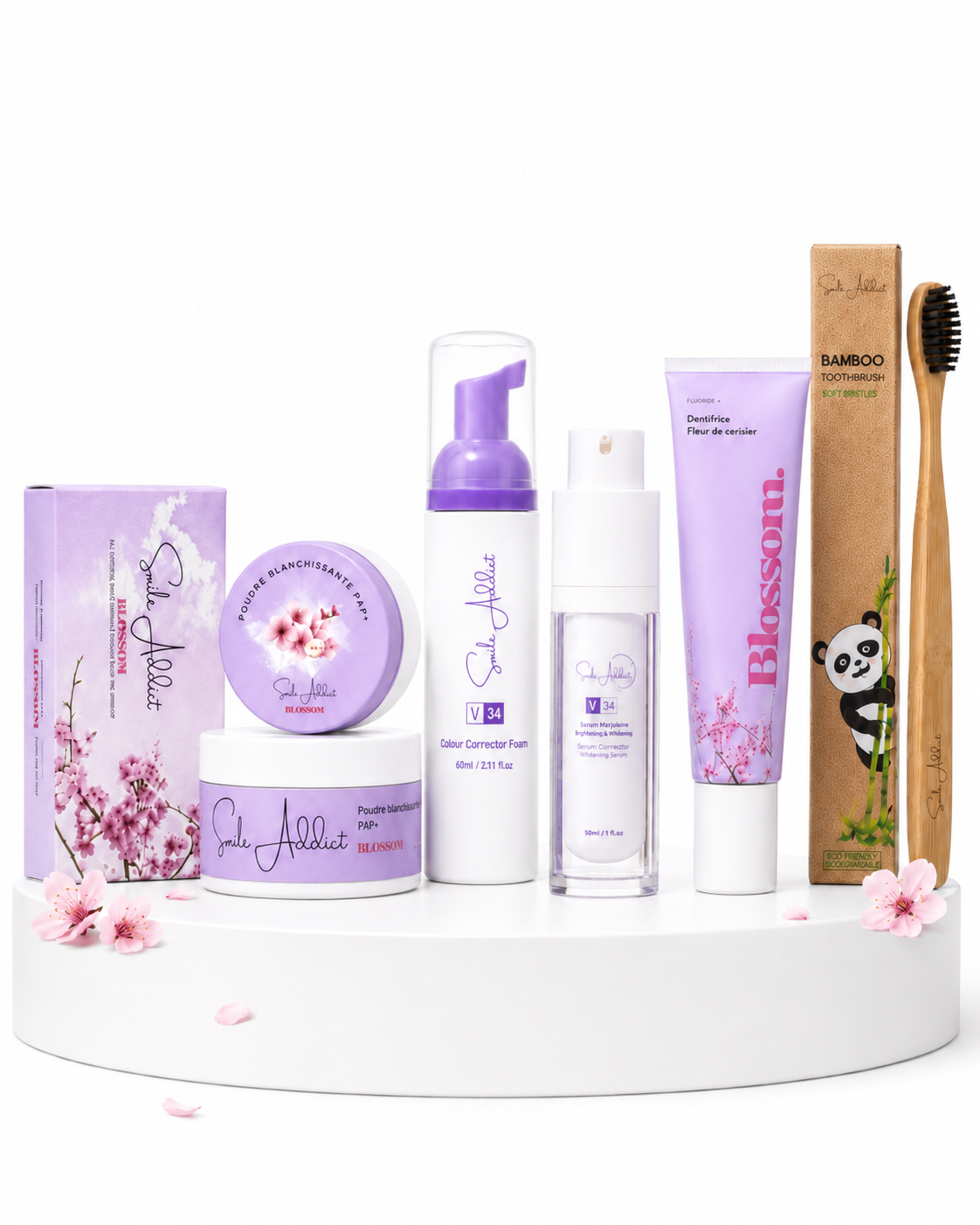 Coffret Blancheur Smile Addict gamme Blossom : bandes, poudres, mousse et sérum V34, dentifrice fleur de cerisier et brosse à dents en bambou