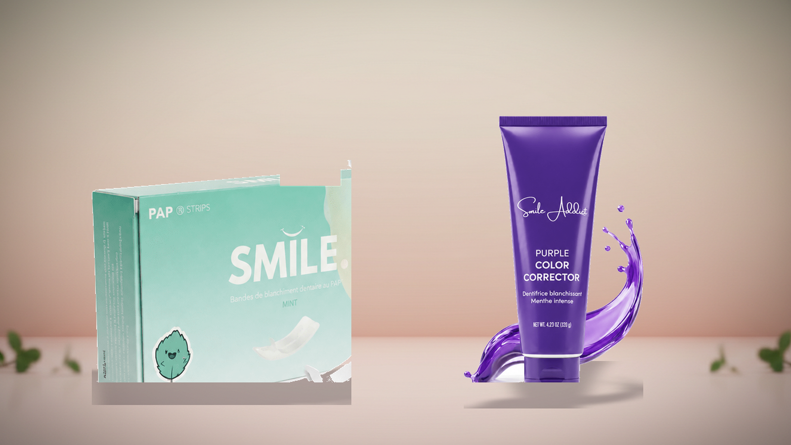 Bandes blanchissantes PAP+ Menthe et Dentifrice Violet Correcteur V34 Smile Addict, comparatif, fond pastel