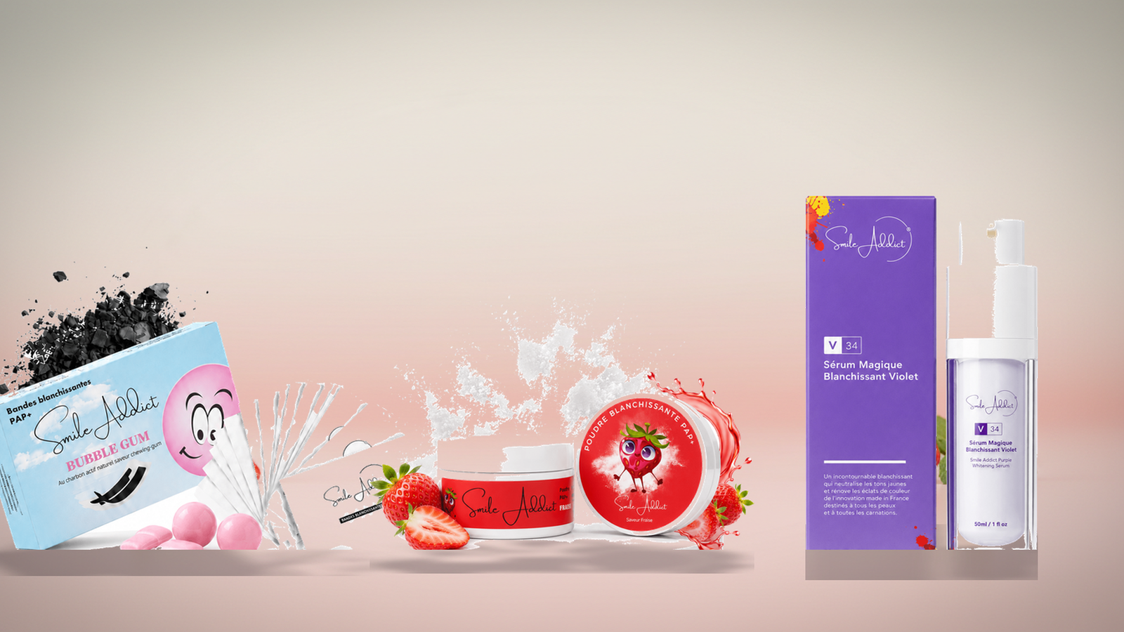 Bandes blanchissantes PAP+, Poudre blanchissante fraise et Sérum Magique V34 Smile Addict, produits recommandés pour dents sensibles, fond pastel