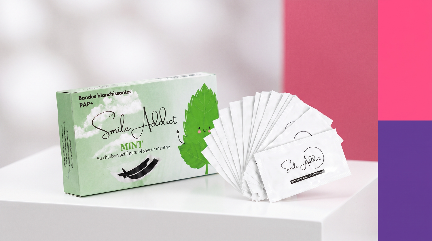 Bandes blanchissantes PAP+ Smile Addict saveur menthe, technologie sans peroxyde d'hydrogène