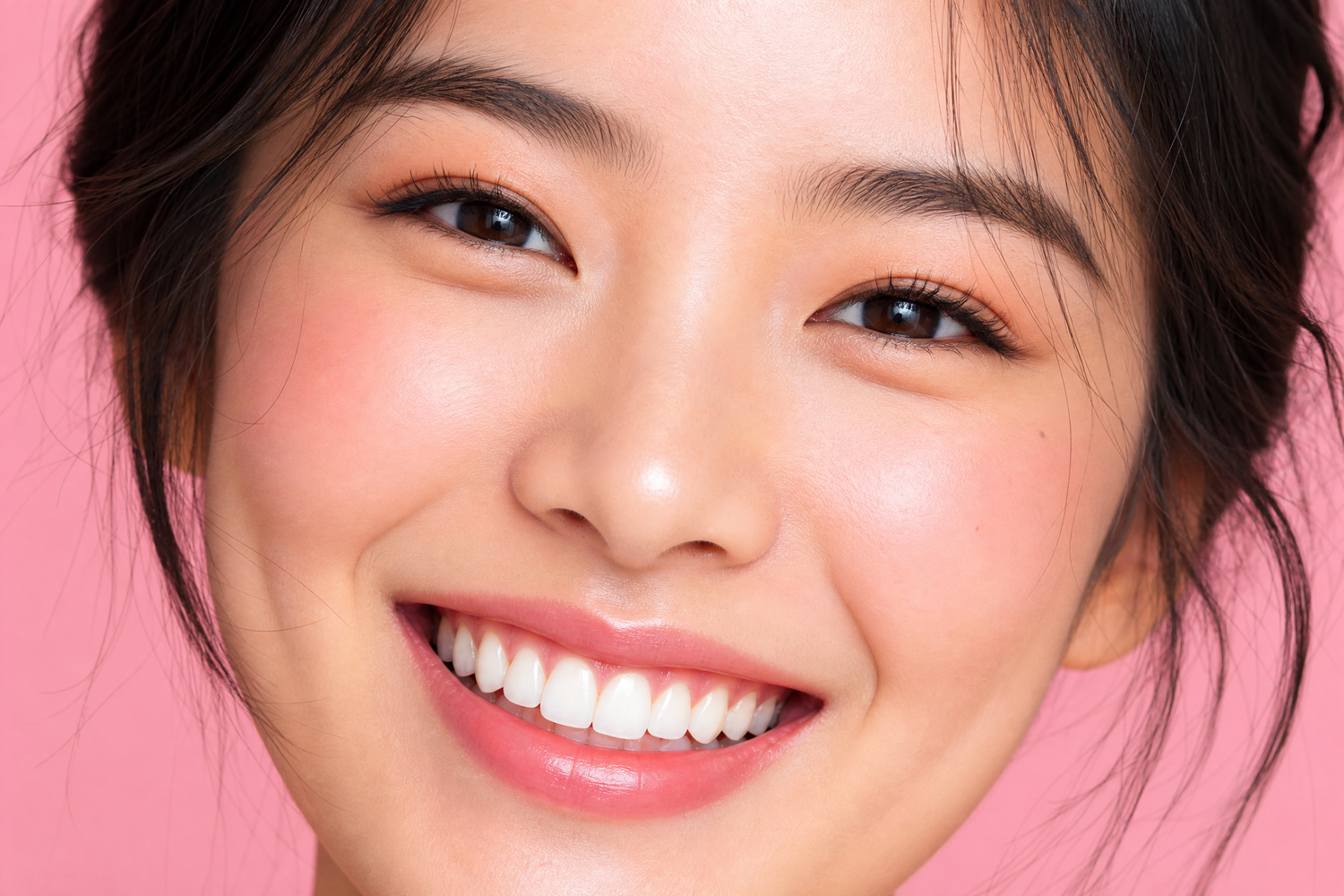 Portrait serré visage femme asiatique sourire joyeux dents blanches fond rose Smile Addict.
