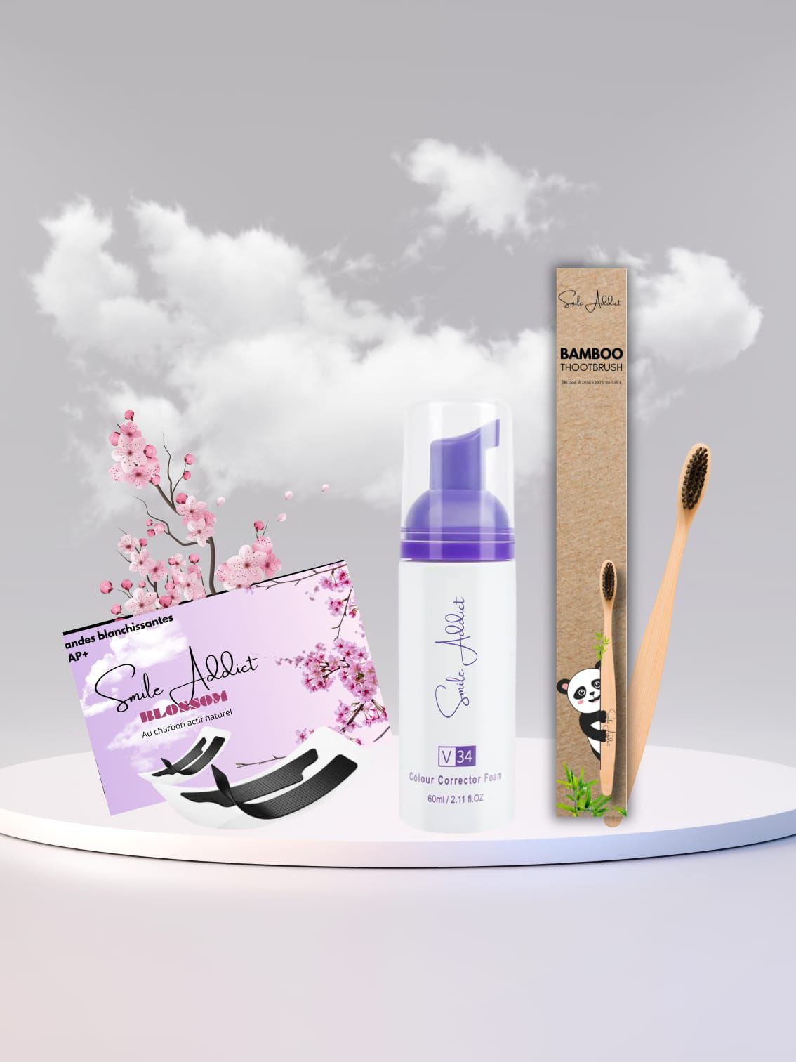 Pack Blossom Smile 3-en-1 – Mousse V34 + Bandes PAP + Brosse Bambou