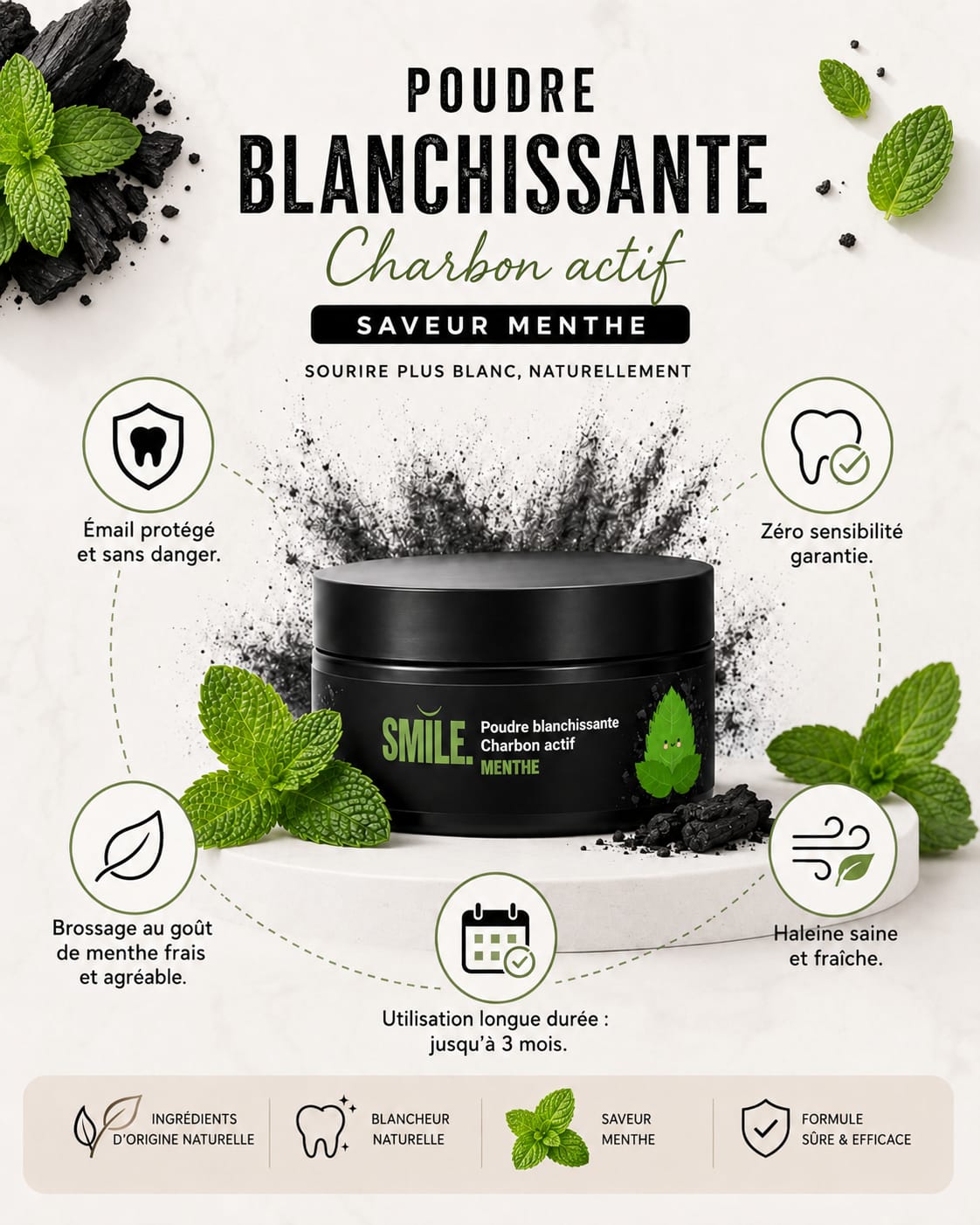 Poudre Blanchissante Charbon Actif Menthe — Blanchiment Dentaire Naturel | Smile Addict