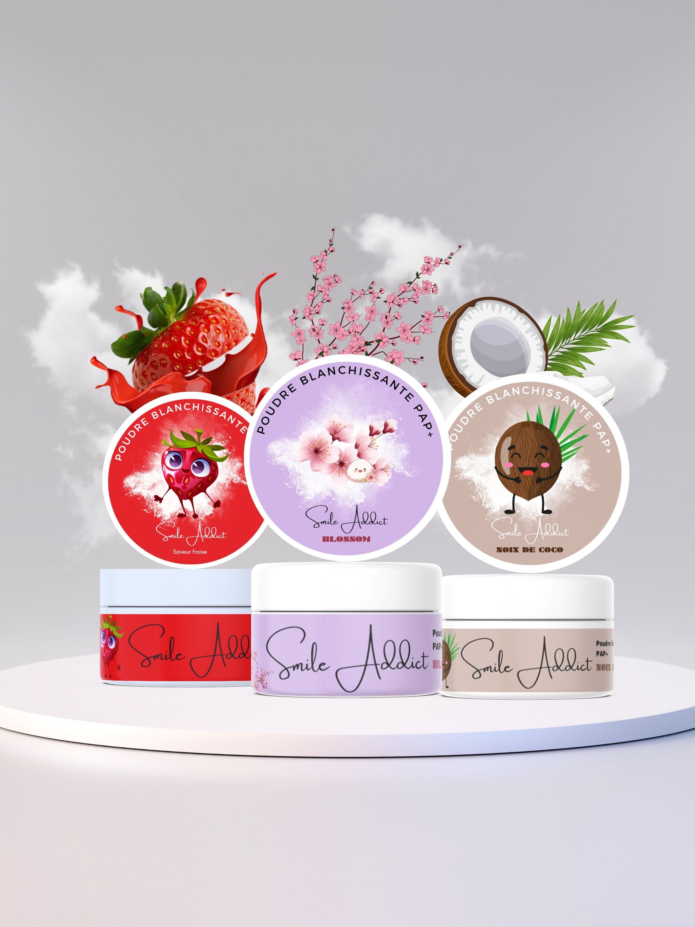 Pack 3 Poudres Blanchissantes PAP+ – Fraise, Coco & Menthe 🌿✨ Addict Smile