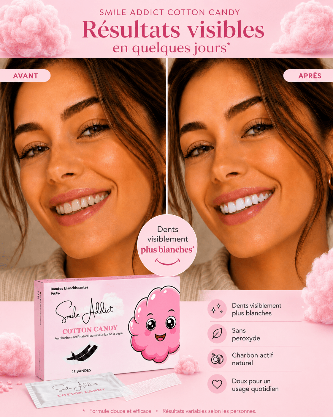 Bandes Blanchissantes Saveur Barbe à Papa – PAP+ Sans Pero — vue détail produit | Smile Addict