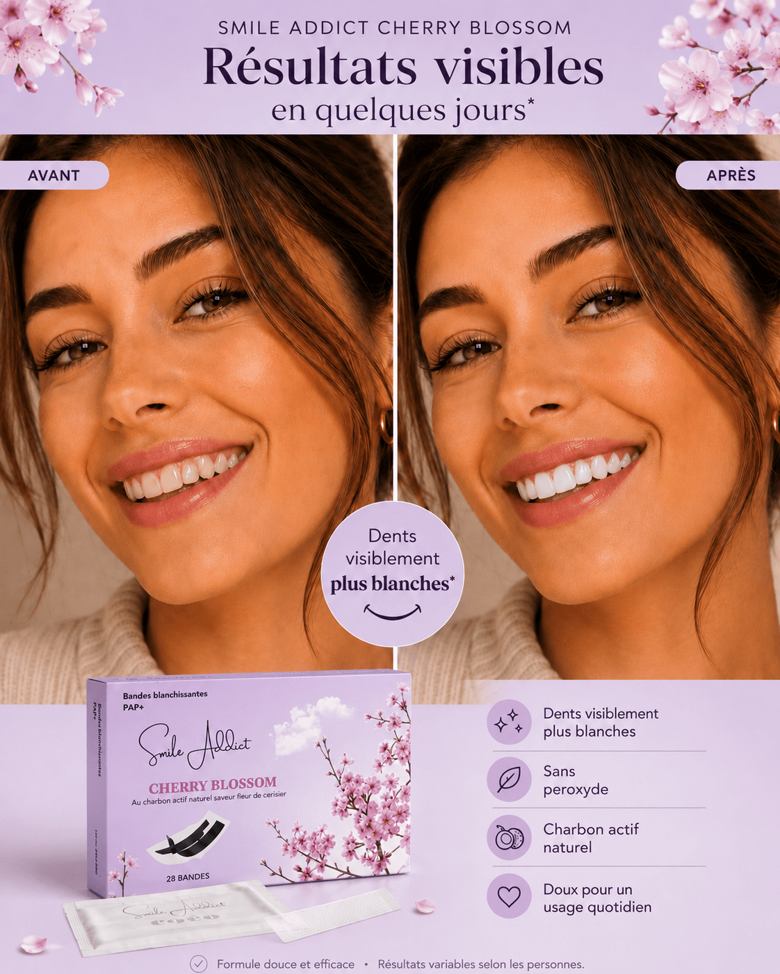Bandes Blanchissantes Saveur Fleur de Cerisier – PAP+ Sans — vue détail produit | Smile Addict