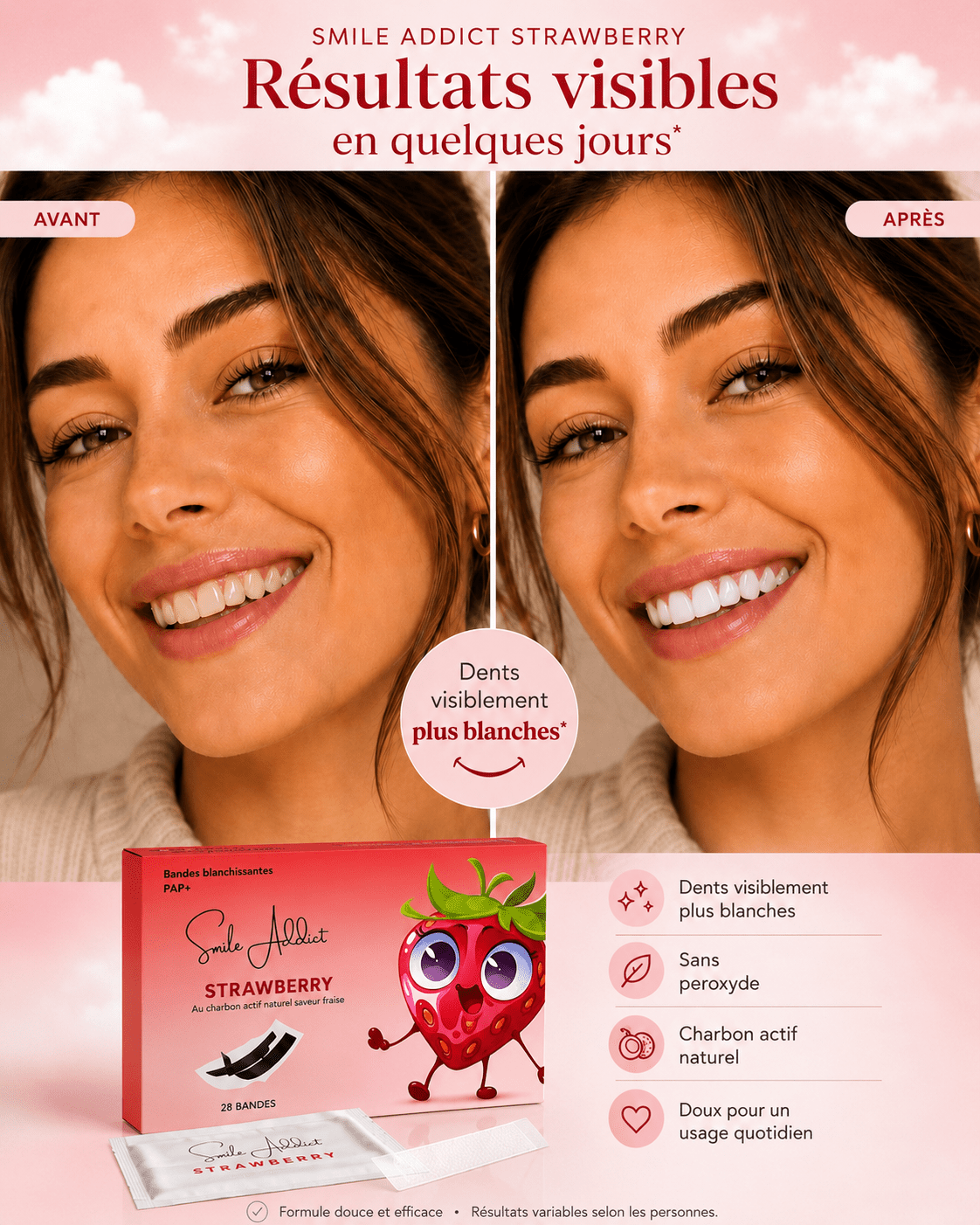 Bandes blanchissantes Saveur Fraise — vue détail produit | Smile Addict