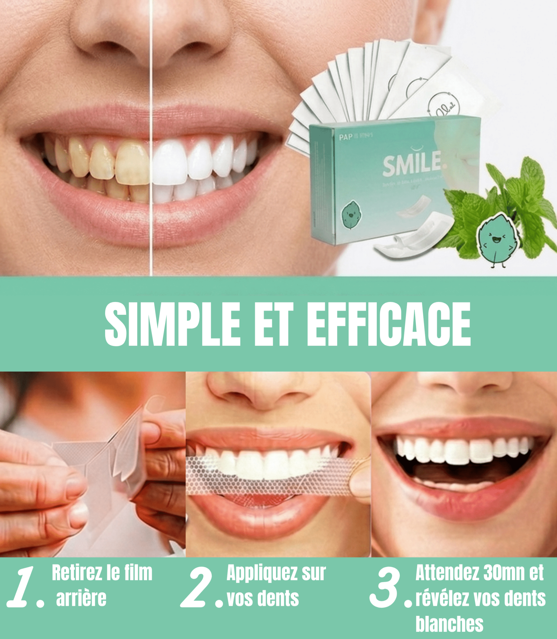 Bandes de blanchiment dentaire PAP Saveur menthe — vue détail produit | Smile Addict