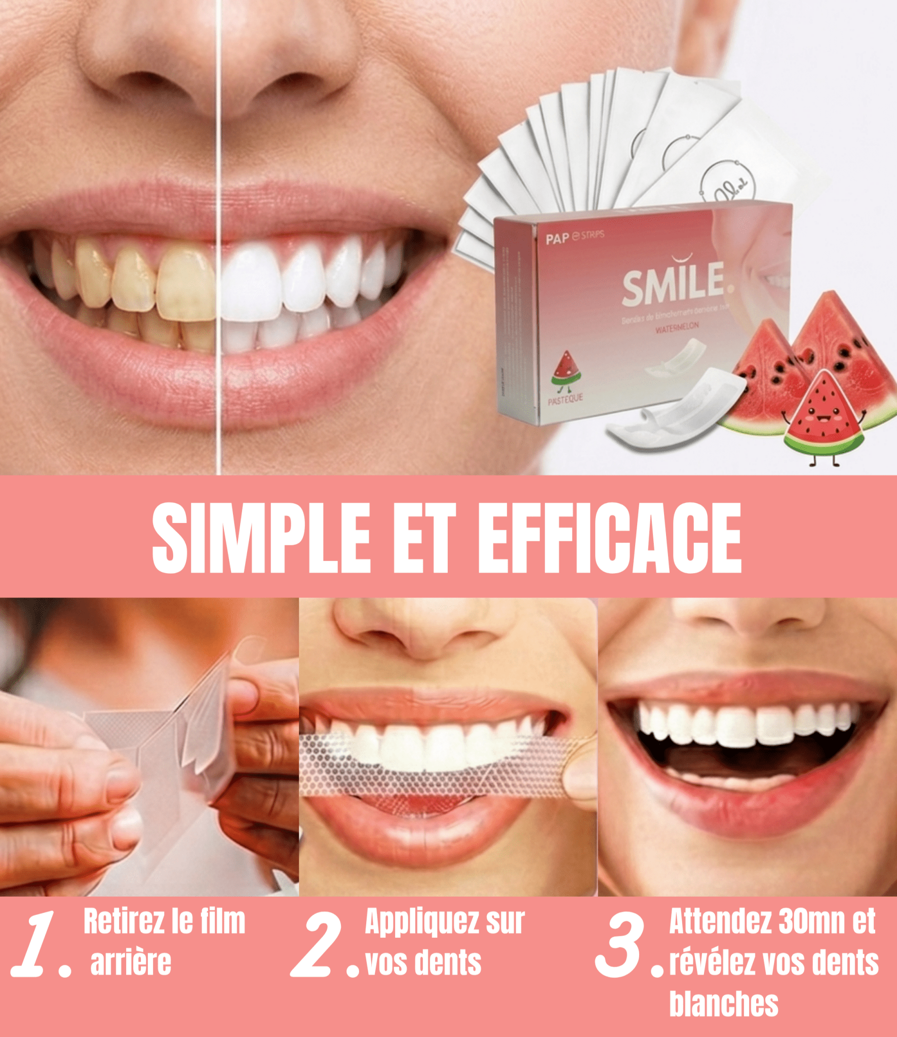 Bandes de blanchiment dentaire PAP Saveur pastèque — vue détail produit | Smile Addict