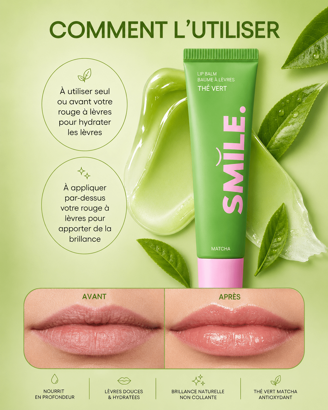 Baume à Lèvres MATCHA – Thé Vert — composition et ingrédients | Smile Addict