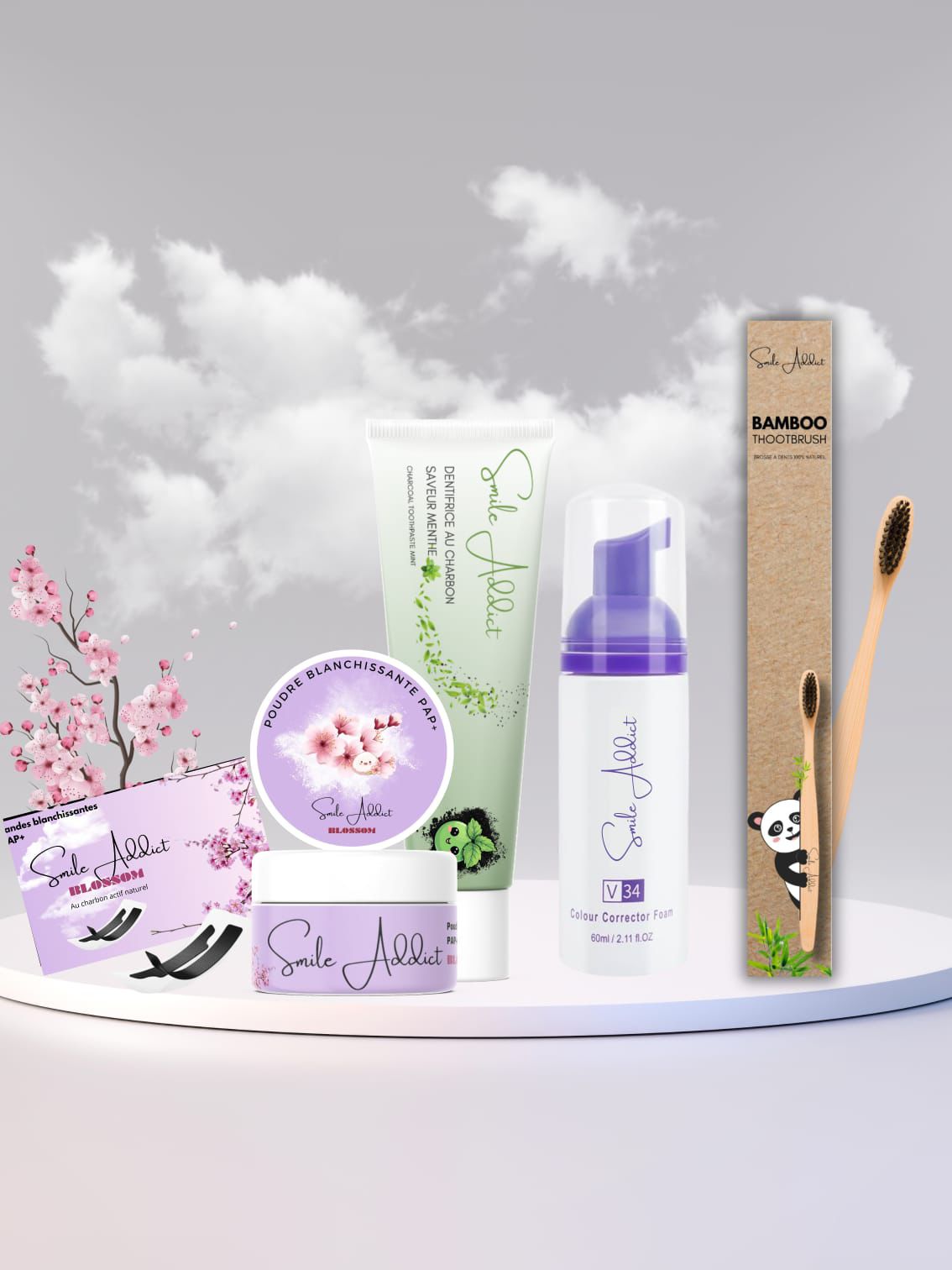 Pack Blossom Smile Complet 5-en-1 – Mousse V34 + Bandes PAP+ + Poudre + Dentifrice + Brosse
