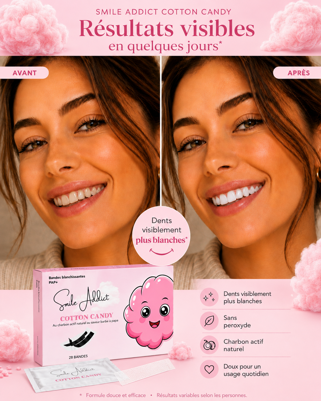 Bandes Blanchissantes Saveur Barbe à Papa – PAP+ Sans Peroxyde | Smile Addict
