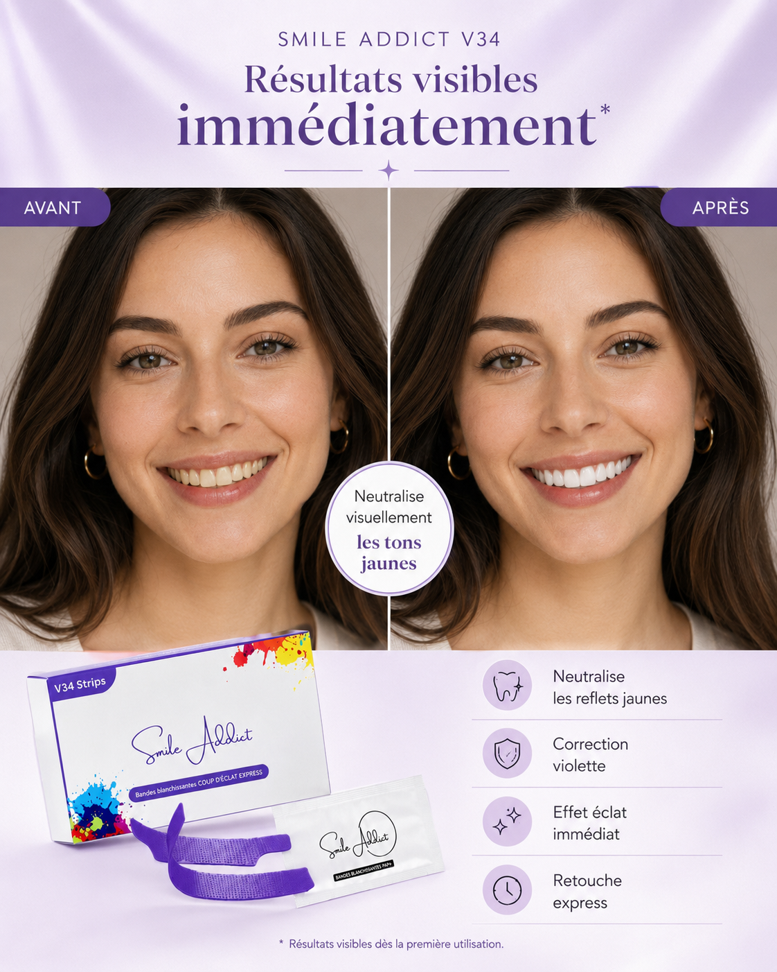 Bandes Éclat Express V34 – Blanchiment Dentaire Instantané Sans Peroxyde | Smile Addict