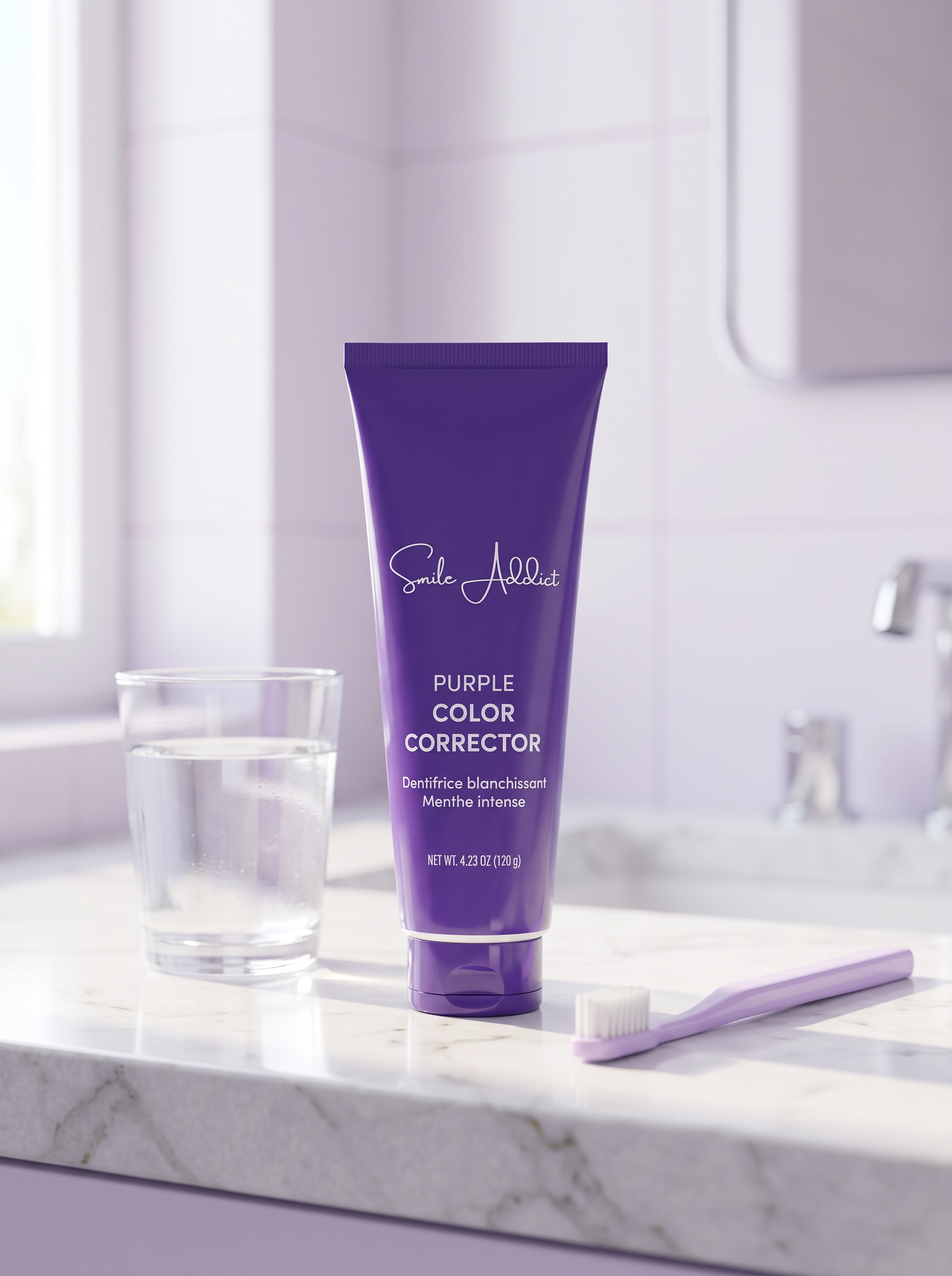Dentifrice Violet Correcteur de Teinte V34 Smile Addict 120 g posé sur un plan de salle de bain en marbre, avec un verre d'eau et une brosse à dents