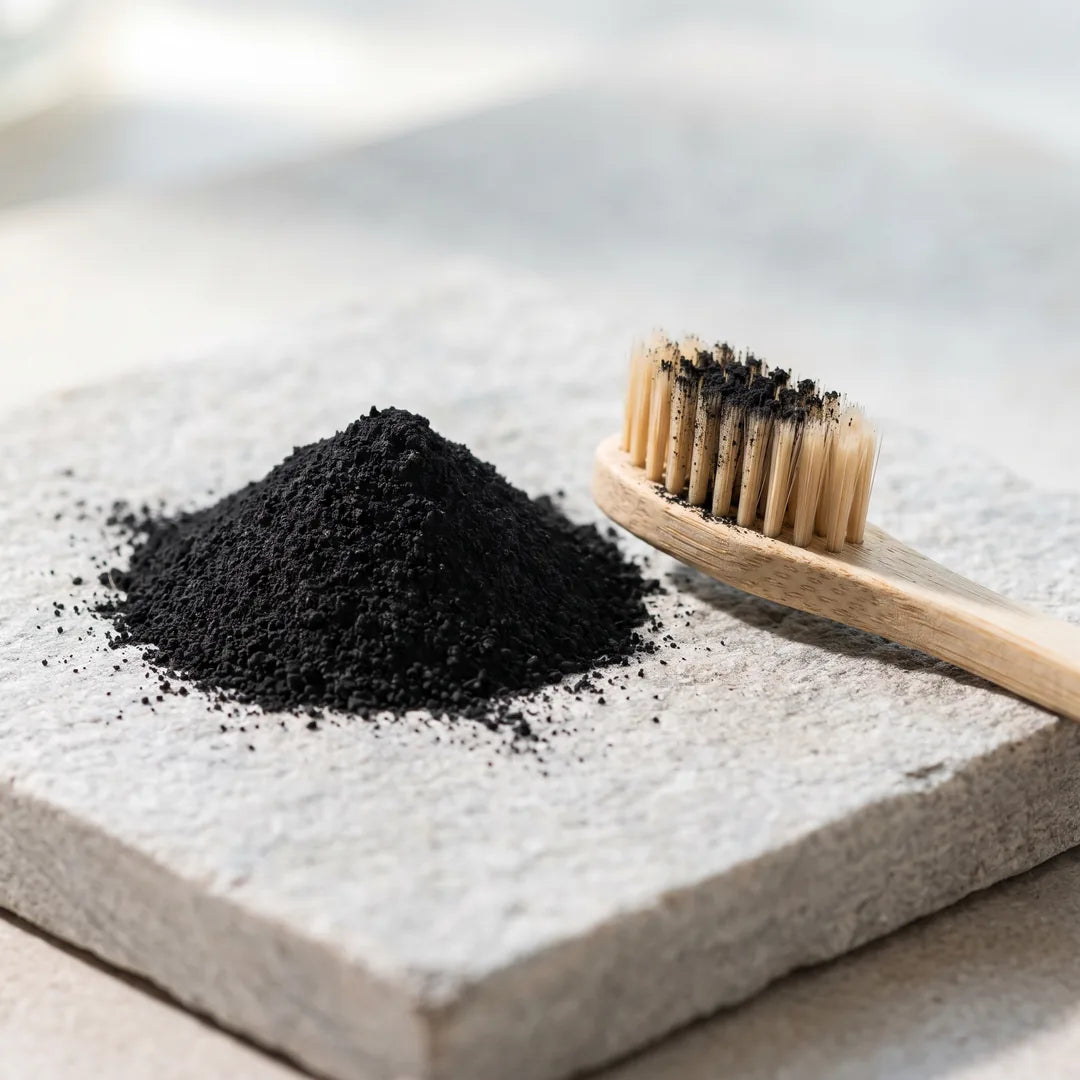 Poudre dentaire fine à côté d’une brosse à dents