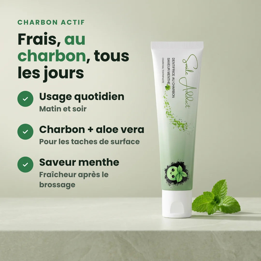 Trois bénéfices : usage quotidien, charbon actif et aloe vera, saveur menthe