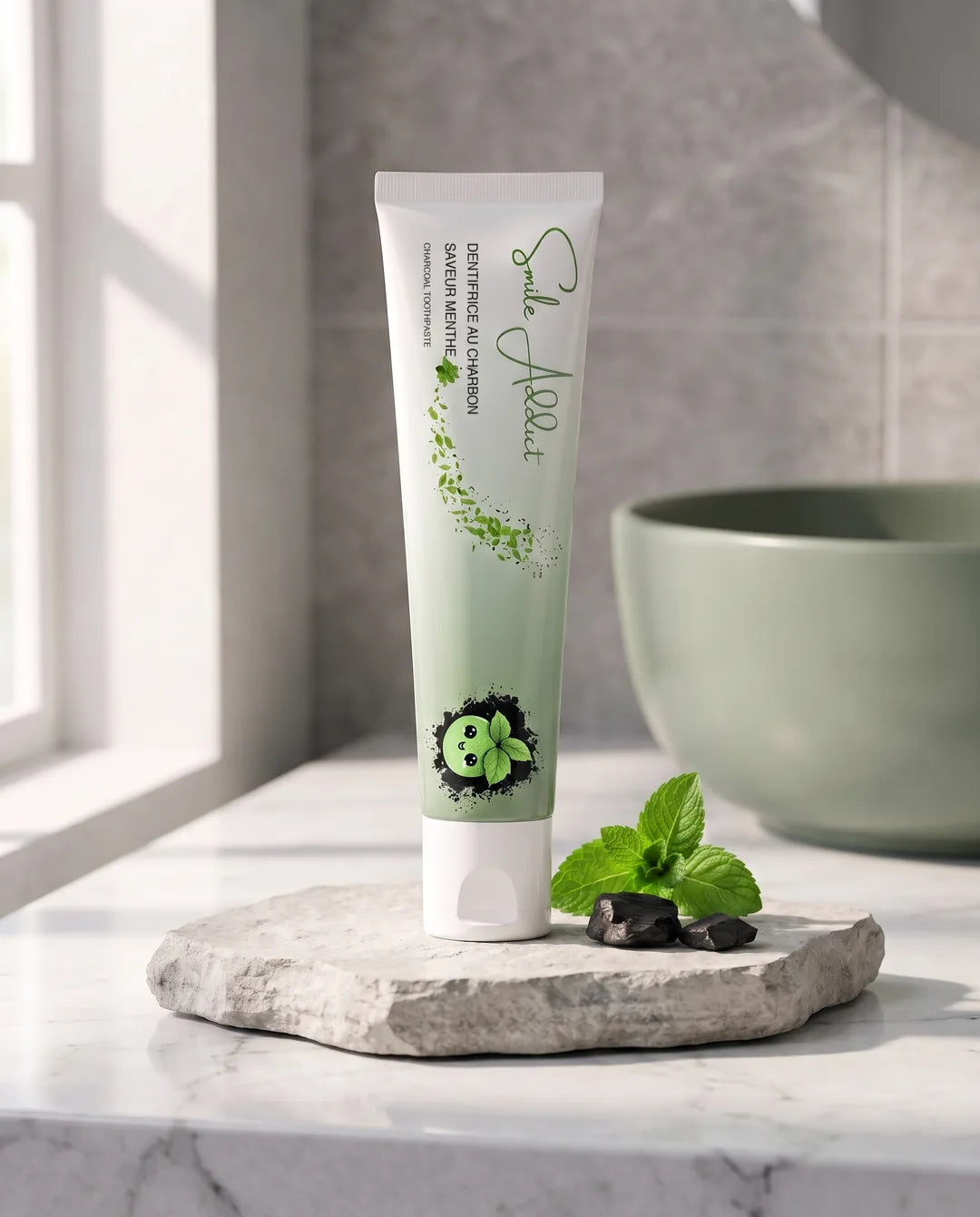 Tube de dentifrice au charbon actif Smile Addict posé sur une pierre dans une salle de bain, avec menthe et charbon
